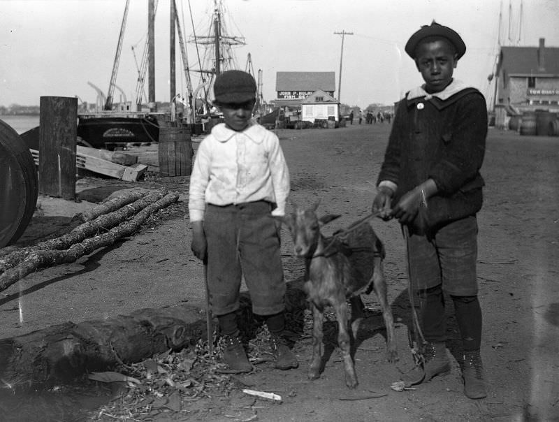 #21 Two young boys with a goat near the waterfront, New Bedford, 1910s
