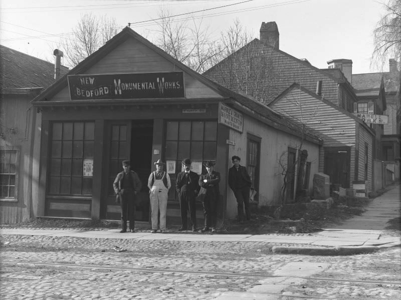 #29 Purchase Street. Tom Thompson’s marble shop, New Bedford Monumental Works, Spring and Fourth Street, 1905
