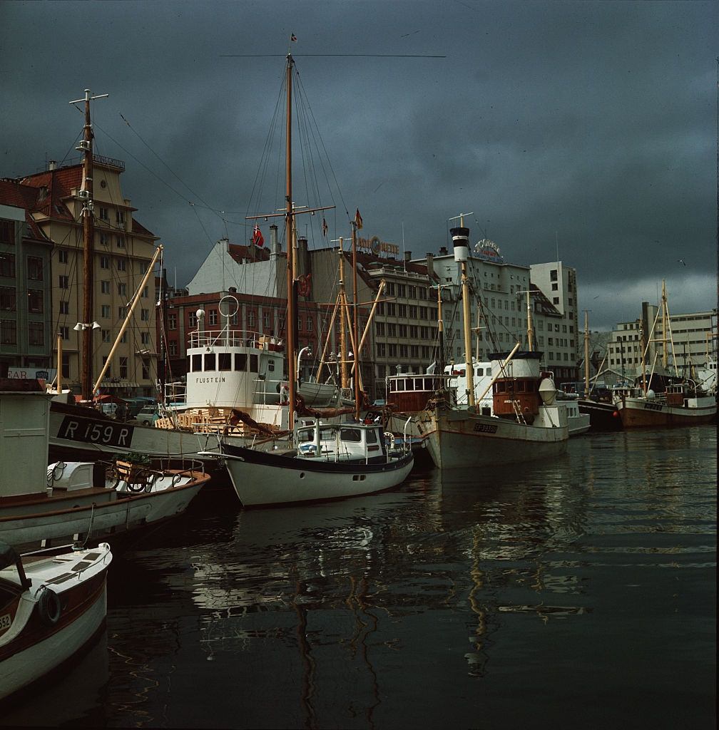 #1 Fishing boats in the harbor at Bergen, 1951.