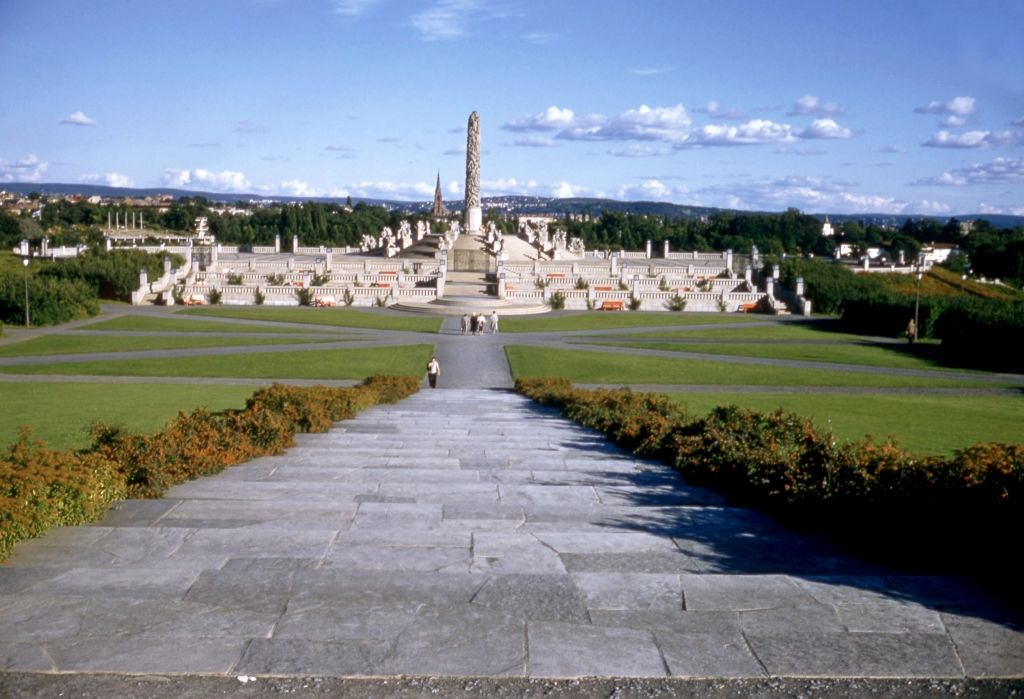 Monolith towering over Frogner Park, Oslo, 1954.
