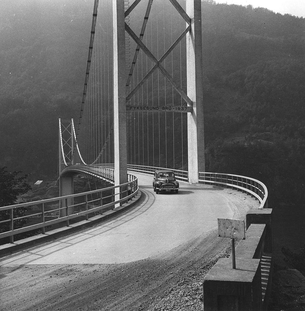 #13 The Fyksesund bridge, which spans a branch of the Hardanger Fjord, carrying the highway from Oslo to Bergen, 1955.