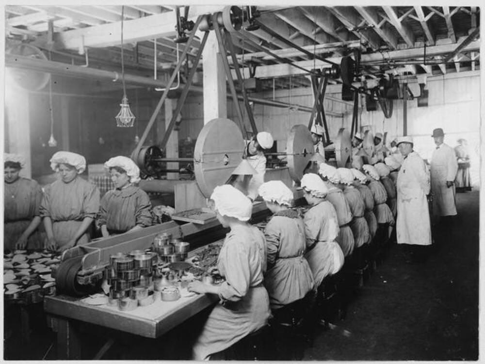 #11 Workers package chipped beef at a meat packing establishment in South Omaha, Nebraska, 1910.