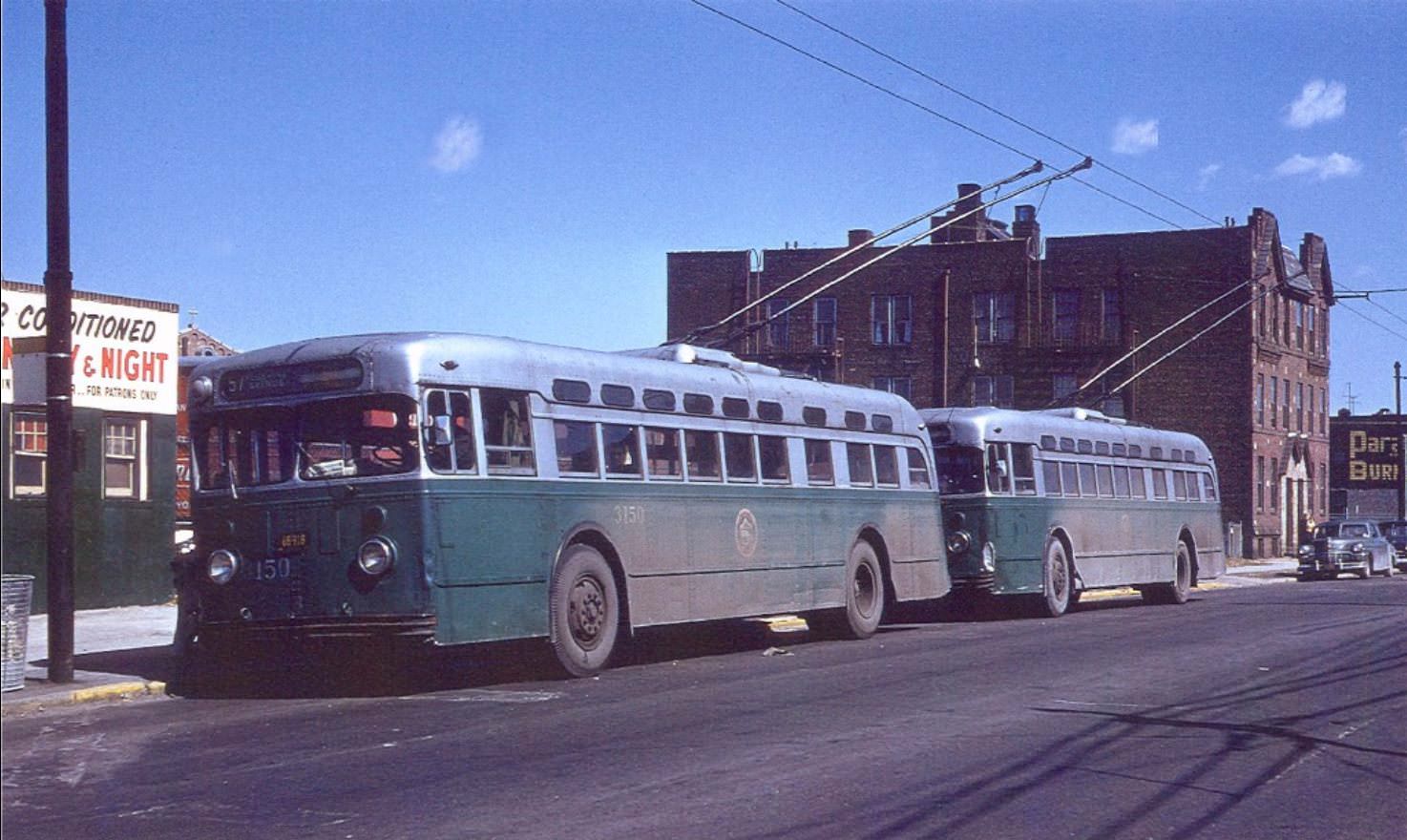 #13 Flushing Avenue off 61st Street; Trolleybus, Maspeth, Queens, 1960.