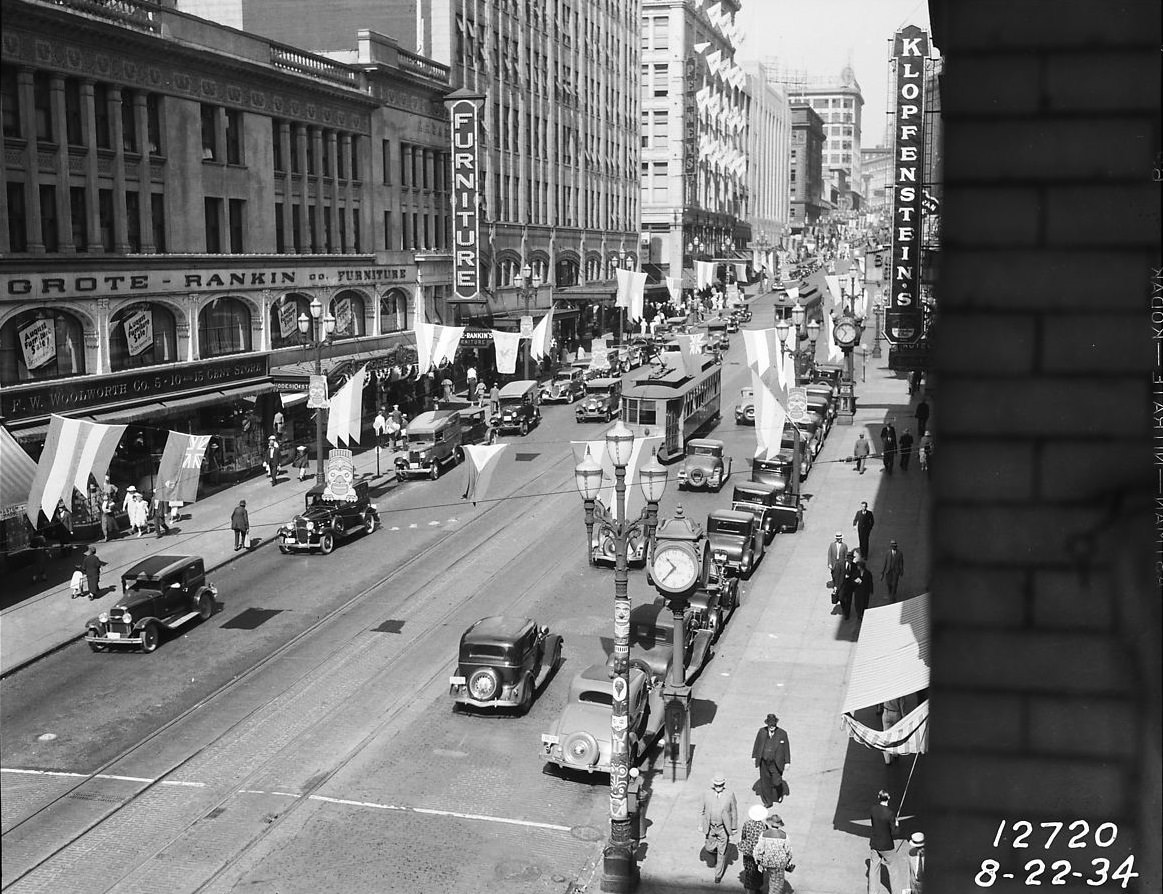 #35 Second Avenue decorated for Potlatch celebration, 1934