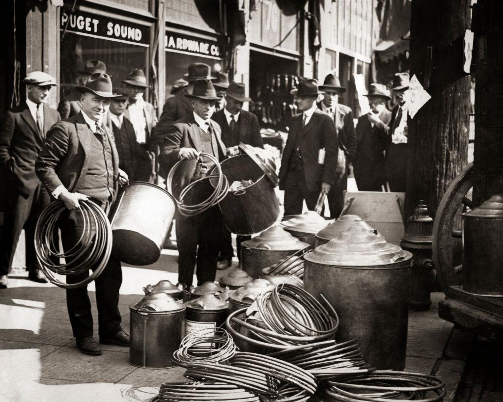 #36 Hardware store display items confiscated for alcohol still during the Prohibition era, Seattle, 1930s.