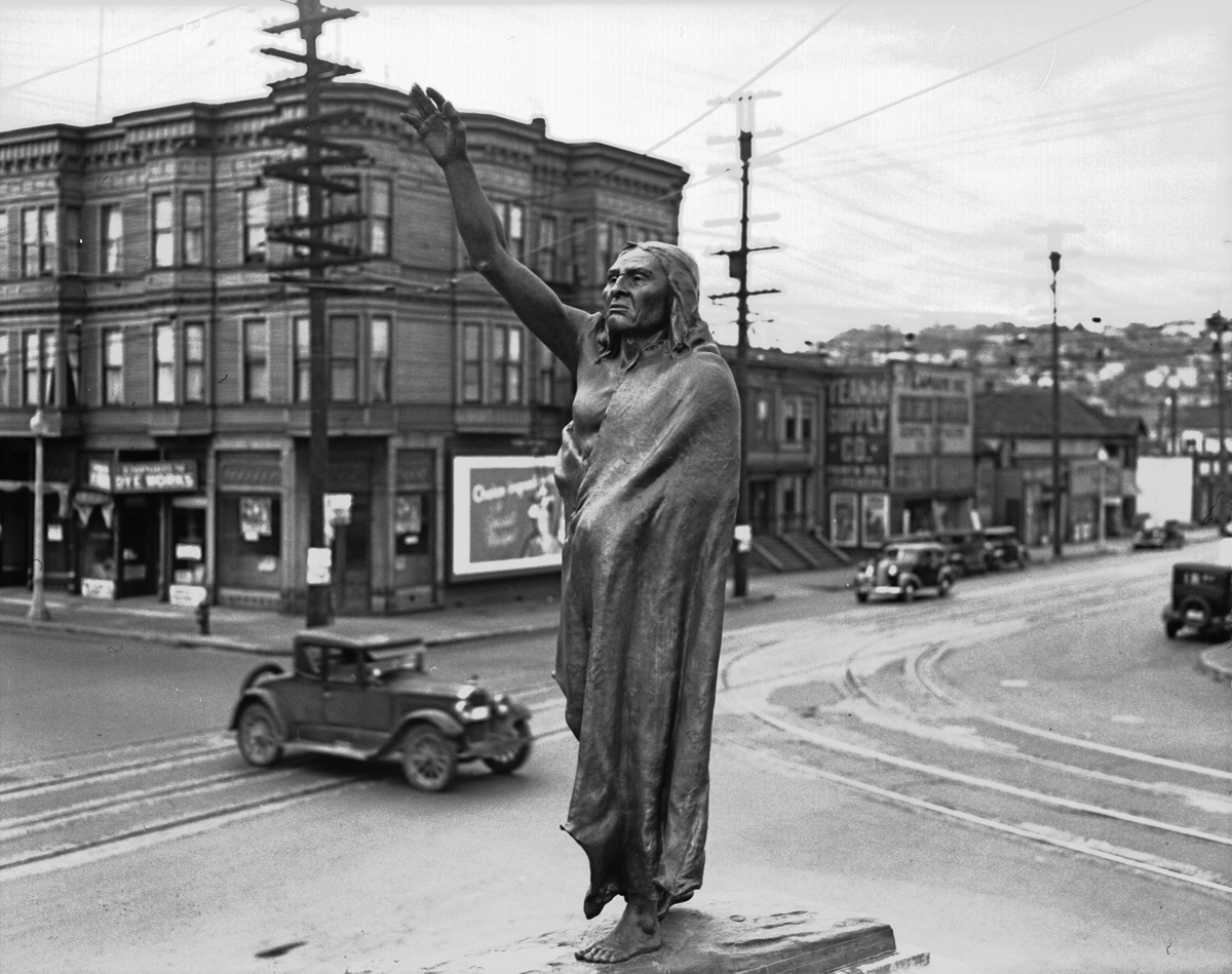 #2 Chief Seattle statue at Fifth and Denny, 1936