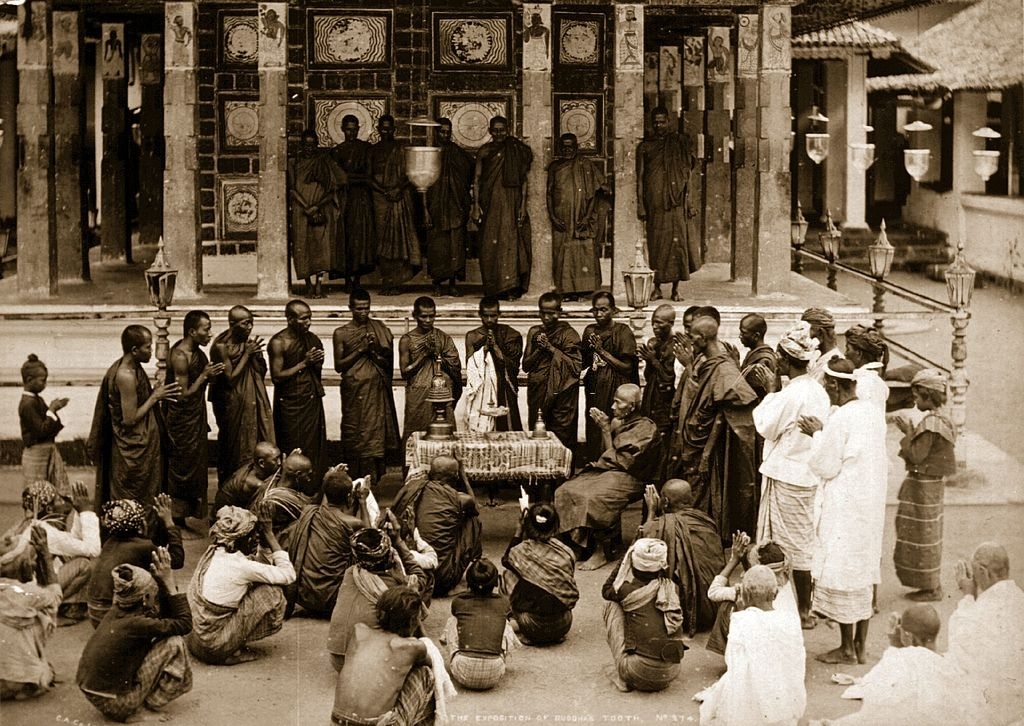 #32 Buddhist monks and worshippers gather at Anoy, Sri Lanka, for the exposition ceremony of the Buddha’s tooth, 1880s.