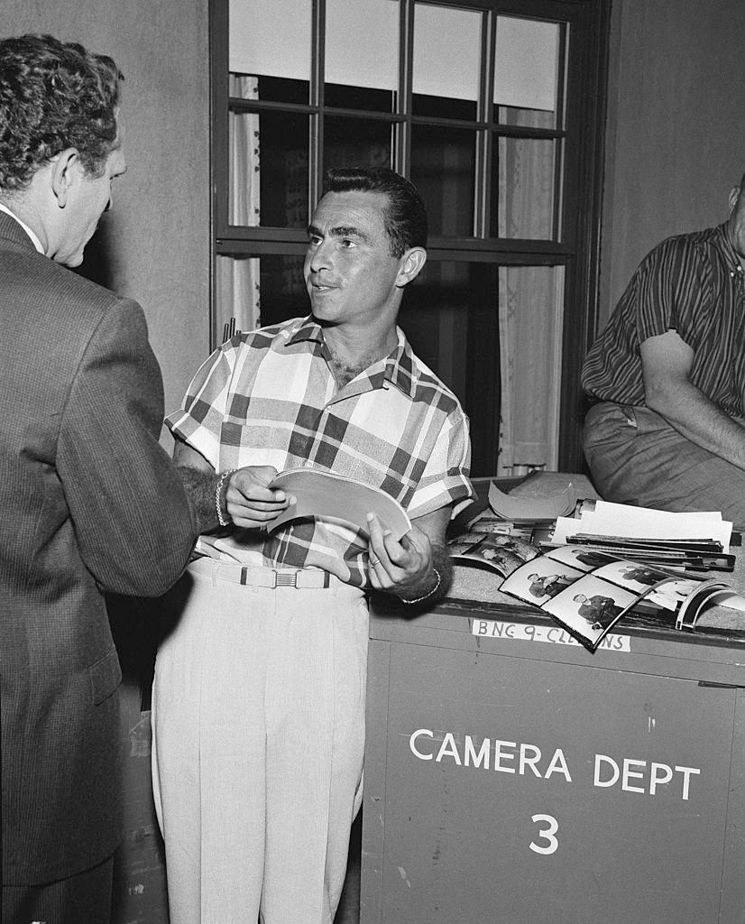 Rod Serling between scenes of “The Four Of Us Are Dying” for the television series “The Twilight Zone”, season 1, episode 13, September 4, 1959.
