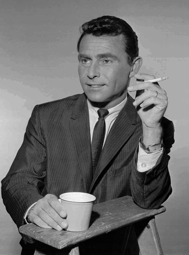 #22 Rod Serling pauses for a cigarette and coffee between scenes during filming of “The Twilight Zone” in this 1961 photo.