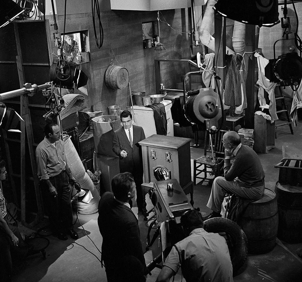 Rod Serling shooting the introduction to “Static”, season 2 episode 20, 1960.