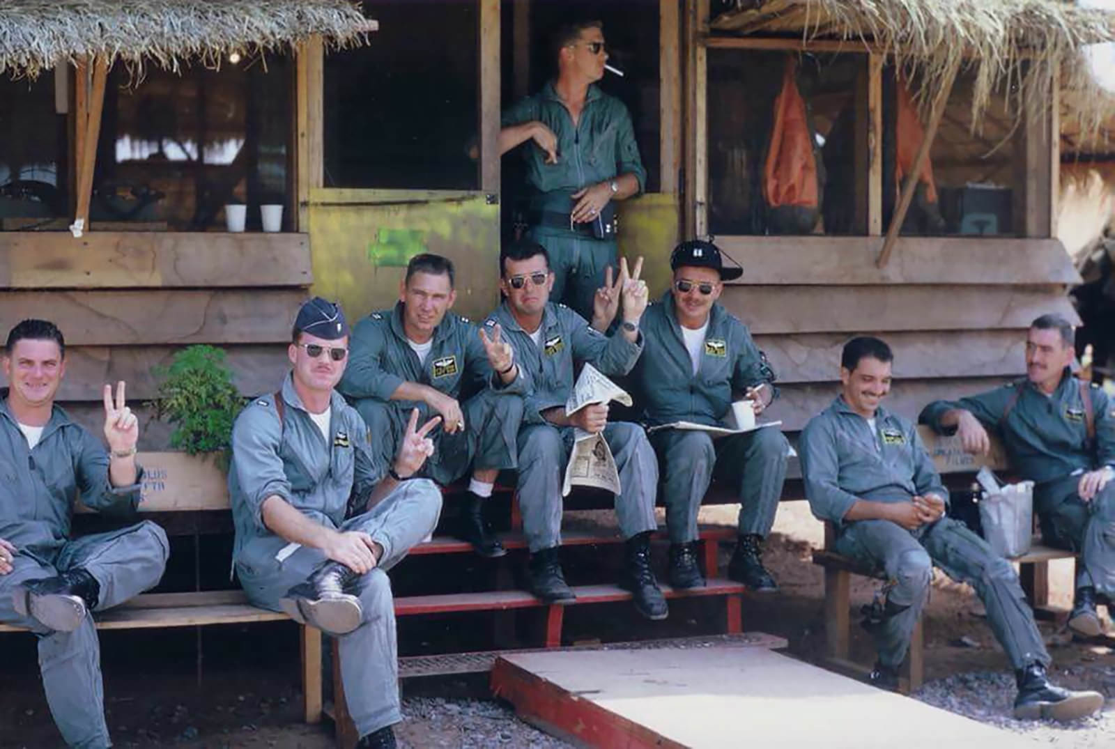 #3 The pilots. From left, Capt. Tom Boatman, 1st Lt. John Morrissey, Capt. Charlie Copin, Capt. Matt Kelch, 1st Lt. Sam Waters, Capt. Ray Moss, 1st Lt. Frank Tullo, Maj. Bill Hosmer.
