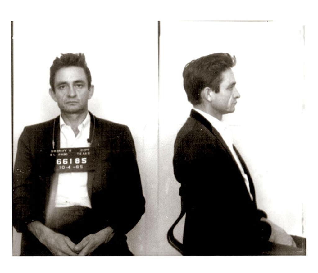 Mug Shot of Johnny Cash, He was arrested after U.S. Customs agents found hundreds of pep pills &; tranquilizers in his luggage, 1961.