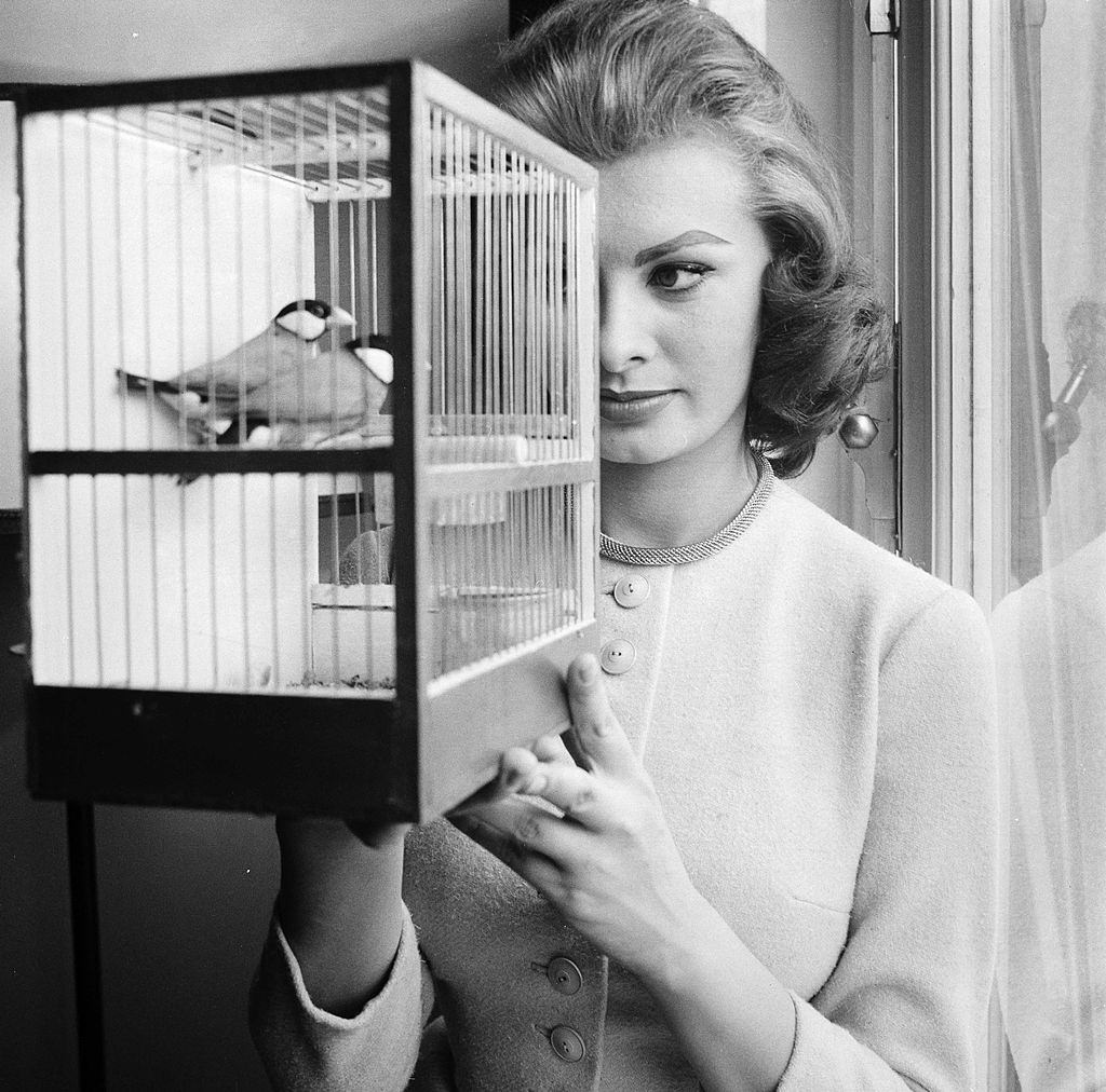 #62 Sophia Loren in front of her a cage containing 2 birds, 1956.