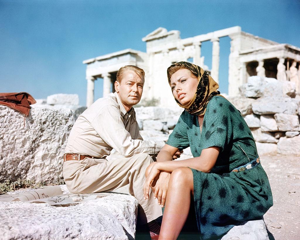 #64 Sophia Loren with Alan Ladd in the film ‘Boy on a Dolphin’, 1957.
