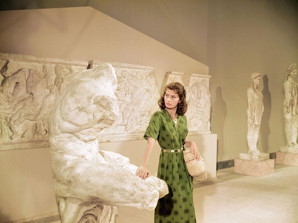 #68 Sophia Loren in her latest film Boy On A Dolphin, shot partly in Greece and partly in Italy.