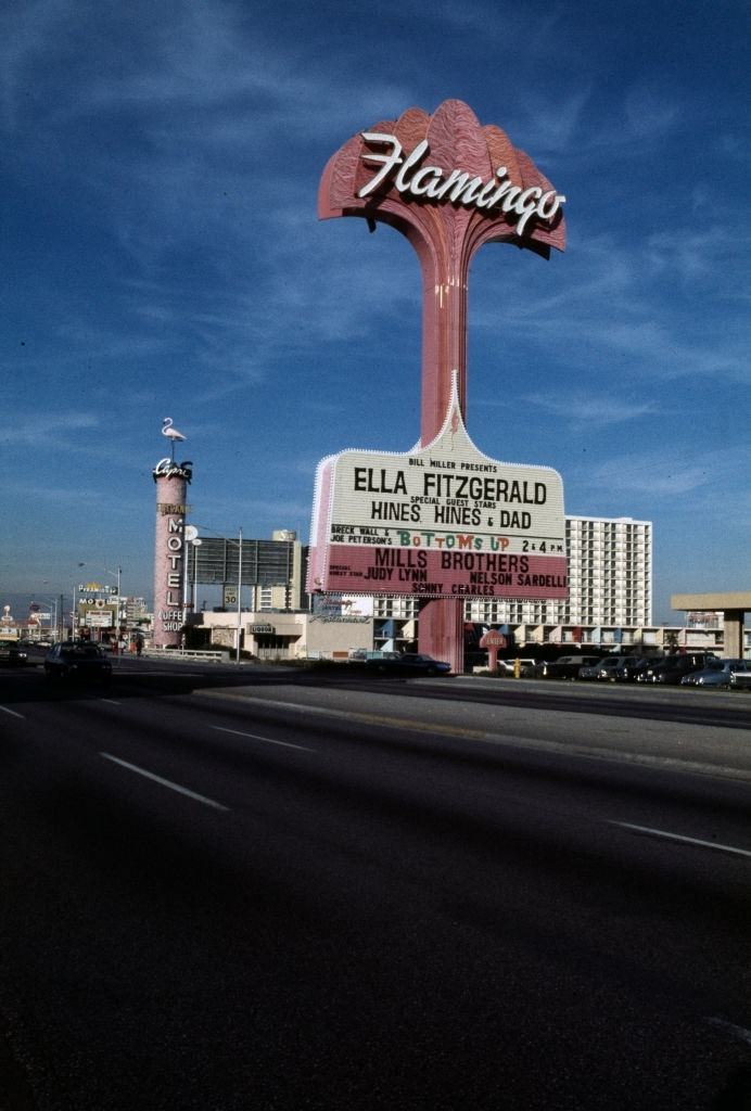 #37 A billboard announcing Ella Fitzgerald live in a hotel casino, ‘Flamingo’, 1971.