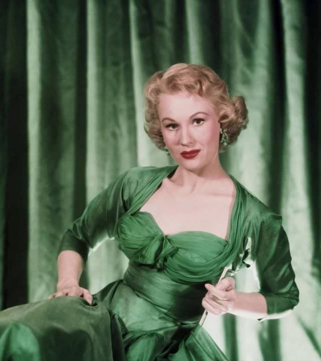 #24 Virginia Mayo is ready for St. Patrick’s day in a fabulous gown of whispering taffeta