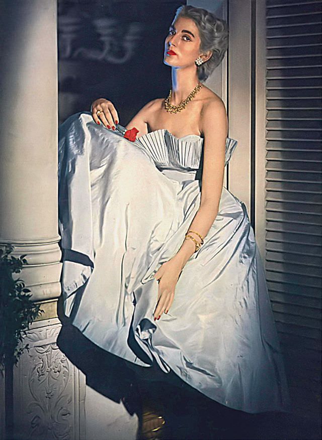 #3 Carmen Dell’Orefice in a short evening dress of romantic iridescent silk taffeta by Ceil Chapman