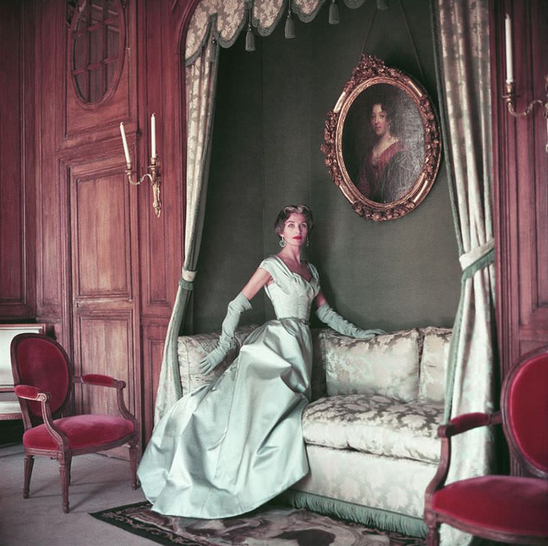 #8 Jane Sprague models a taffeta evening gown by Jacques Fath
