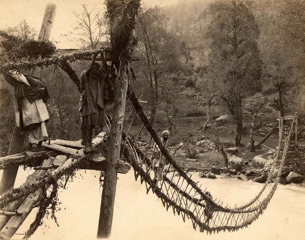 #24 A rope bridge at Rampur in India, circa 1870.