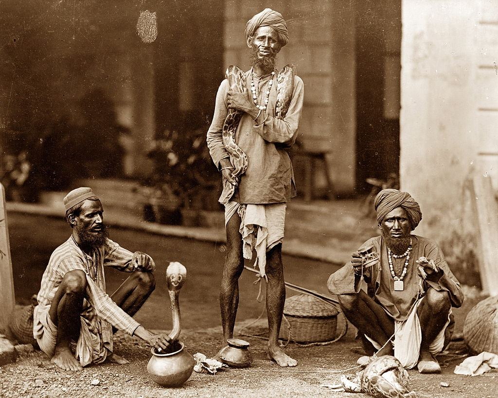 #36 Indian snake charmers in India, circa 1870.