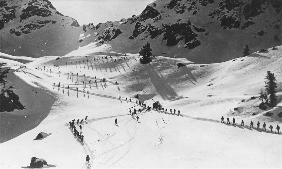#6 Italian Alpini Companies ski in the Carnic Alps. 1918.
