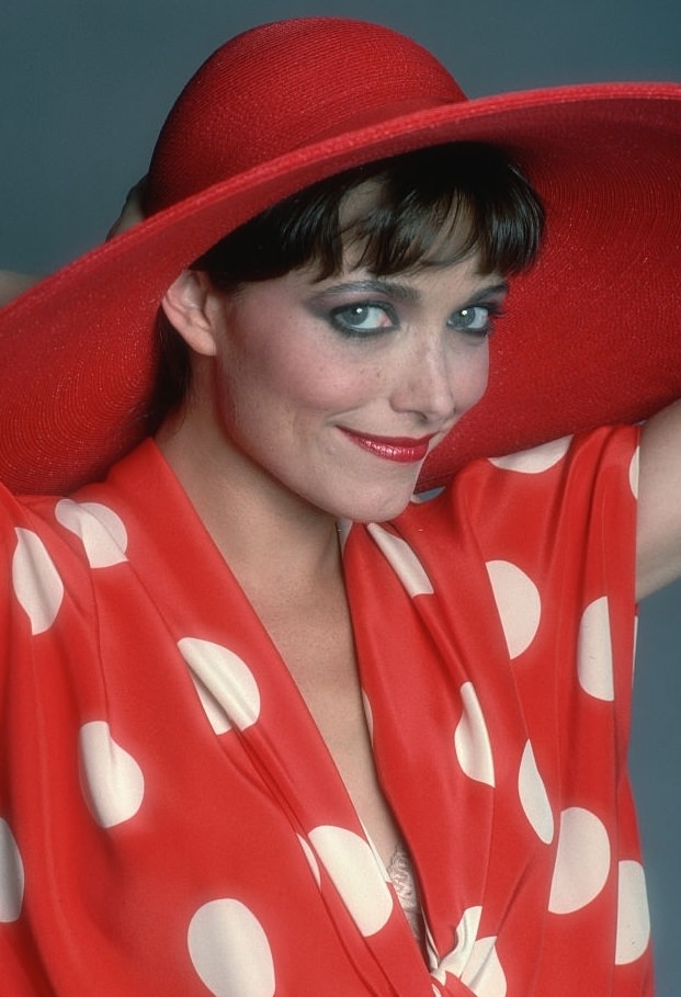 #5 Karen Allen in red hat and dress, 1982.