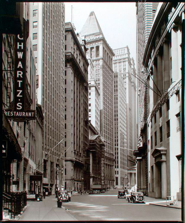 #20 Broad Street looking toward Wall Street, Manhattan, July 16, 1936