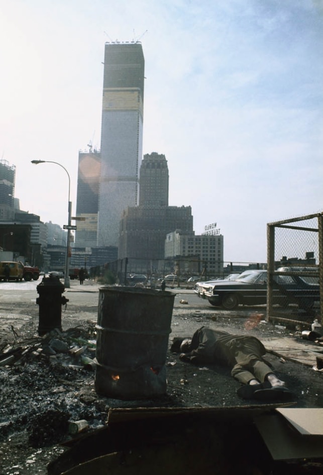 #25 View of the World Trade Center under construction from Duane Street, Manhattan, 1970.