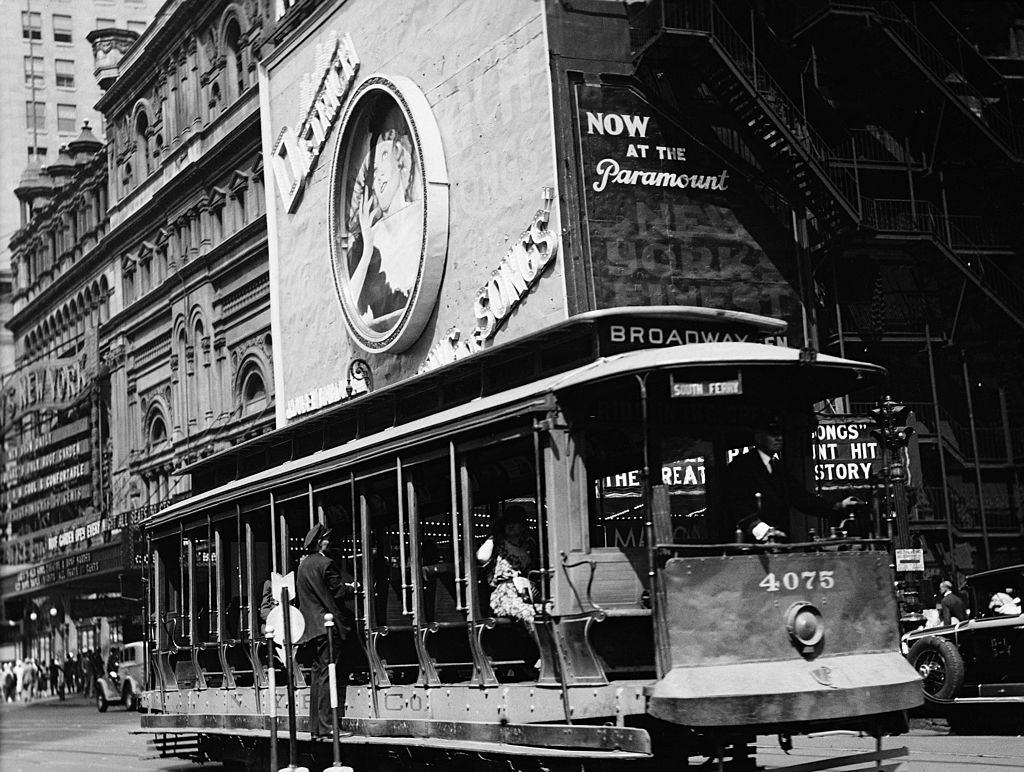 #58 An open trolley and Paramount Theater 43rd Street, New York City, 1930.