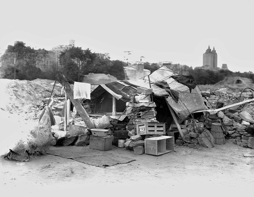 #33 A shack in Hooverville, Central Park, New York City, 1930.