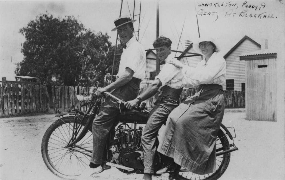 #49 Three Blackall residents on a motorcycle, 1930