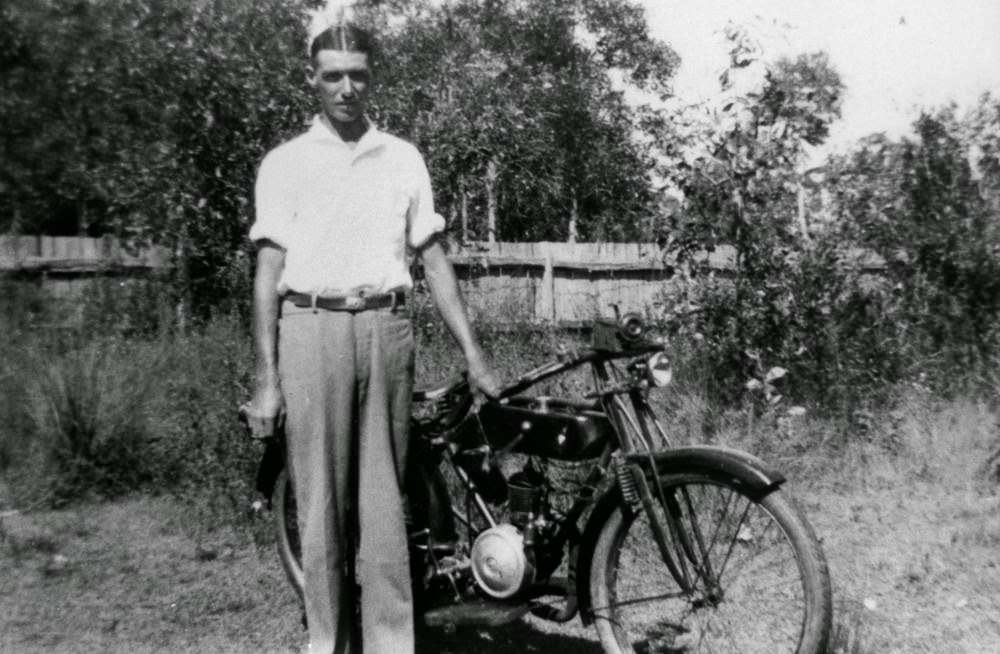 #60 Herb Beecher and his Waratah motor bike, ca. 1940.