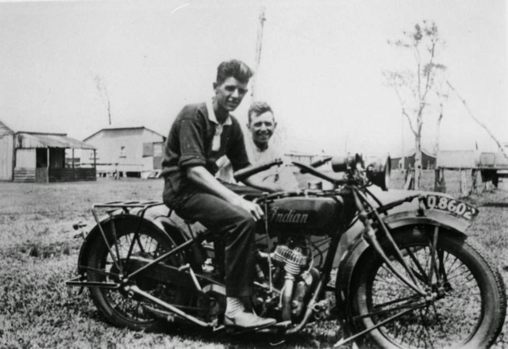 #66 Cousins Eric and Henry Beck on their Indian motorcycle, Cribb Island, 1926.