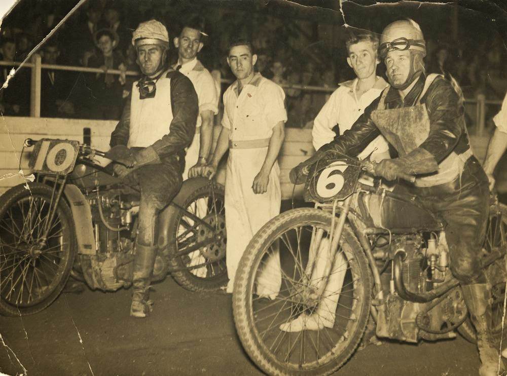 #67 Cec O’Mara and Ben Unwin on their motocycles at a speedway race at Davies Park in Brisbane, 1930.