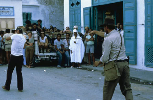 #15 Ford practicing his whip during one of the bazaar scenes