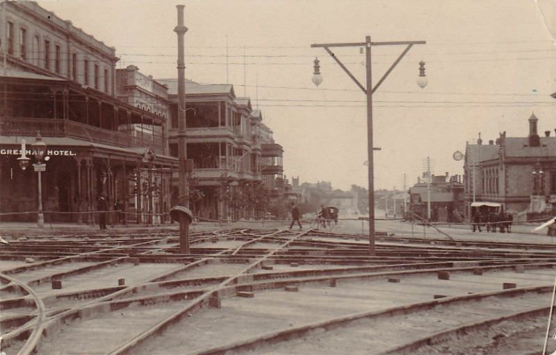 #7 Laying tram tracks on corner of King William Street and North Terrace, Adelaide, circa 1908