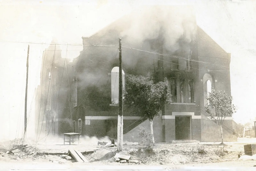 #10 A church is left in ruins following the Tulsa massacre in June 1921.