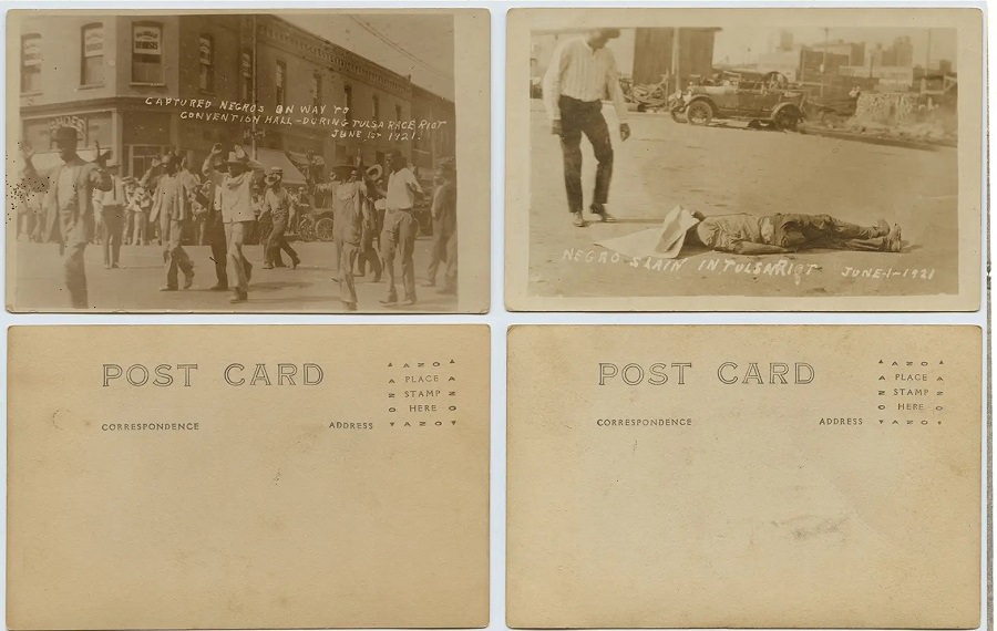 #12 Left: Captured Black residents are transported to the Tulsa convention hall on June 1, 1921. Right: The body of a Black man in the street on June 1, 1921.