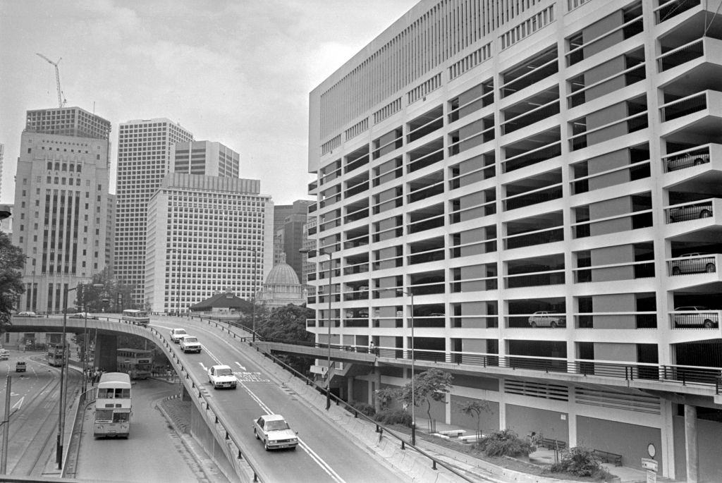 #35 Murray Multi-storey car park with the Bank of China Building. August 1982.