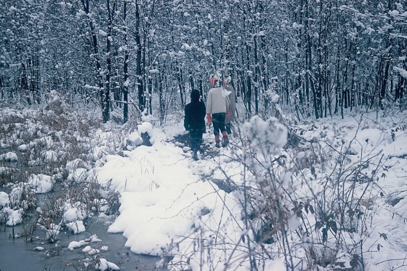 #50 Hiking in the snow at Bullhead Pond, Warren, Ohio. December 1959