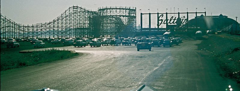 #66 Parking lot and roller coaster at Saltair Park, Utah. July 1956