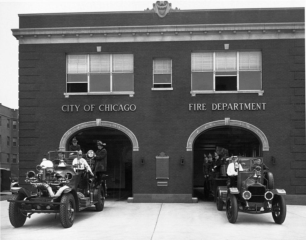 #12 Fire Engines at New Fire Station Chicago, 1917.