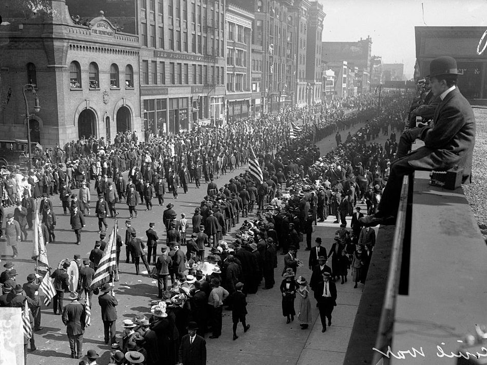 #46 Civil War veterans marching in a Grand Army of the Republic Memorial Day parade in South Michigan Avenue. Chicago, May 27, 1912.