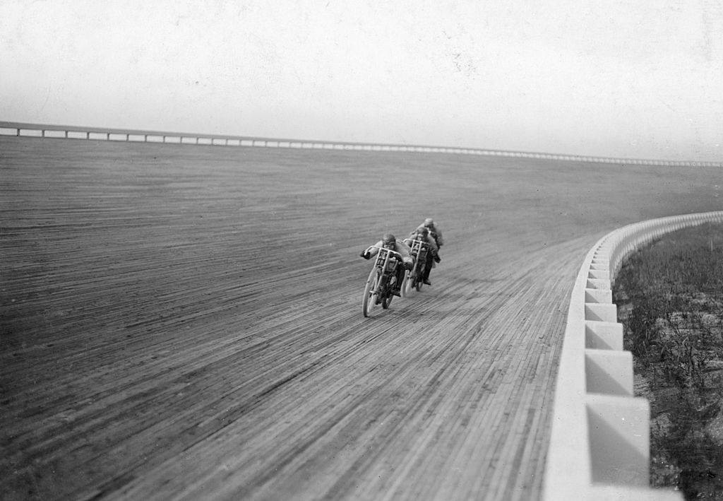 #71 Motorbikes racing at Speedway Park, Maywood, Chicago, 1915.