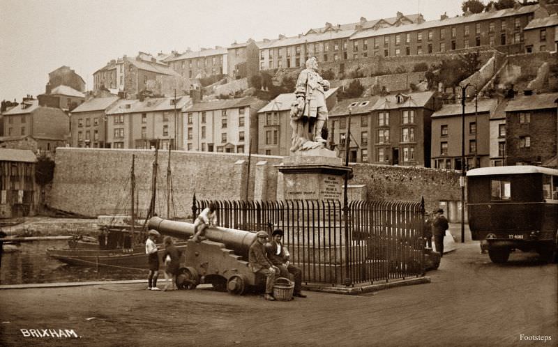 Brixham, Devon showing the William of Orange statue, circa 1920s