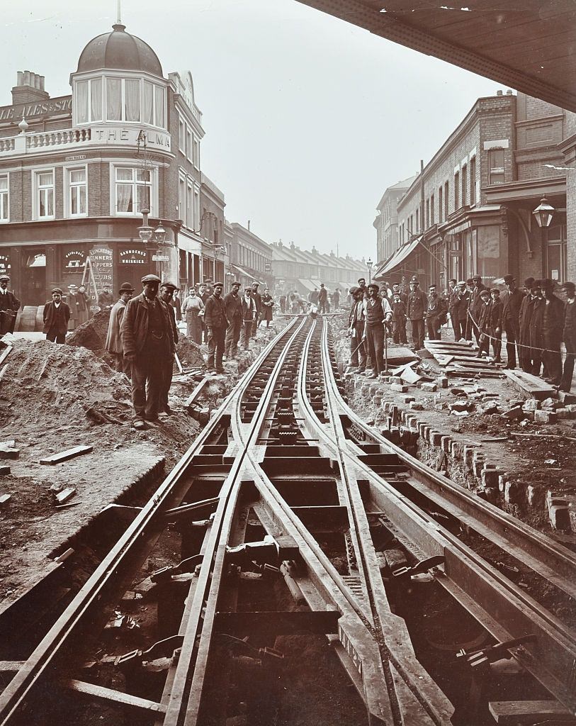 #71 Men working on tramline electricification, Wandsworth, London, 1906.