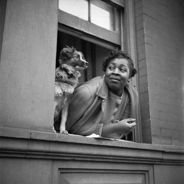 #5 A woman and her dog look out from their open window, 1943.