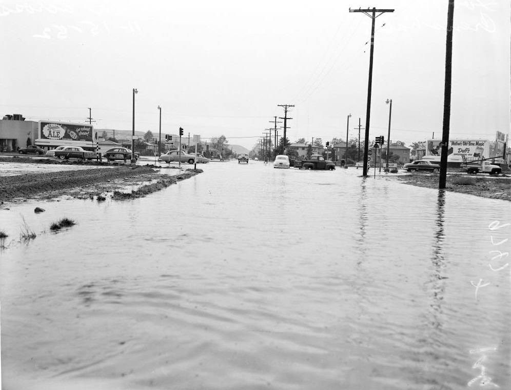 #30 A flooded road in Van Nuys, 1952.