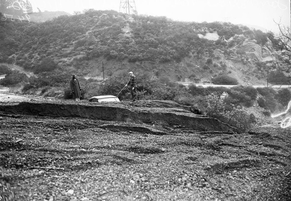 #32 Landslide at Mulholland Drive, Los Angeles. January 1952.